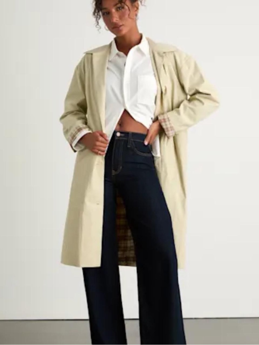 Beige Twill Button-Front Collared Trench Coat